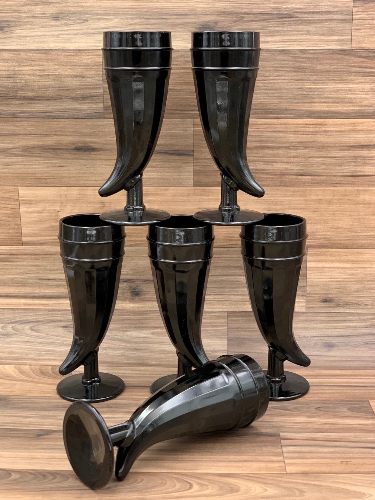 Vintage Powder Horn Glasses, Black Glass Horn Shaped by Tiara, Set Of 6, Gift for Him