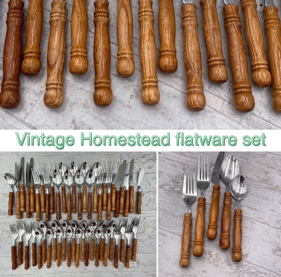 Vintage Wood Handled Flatware set, service for 8, Colonial Style Homestead Silverware, Rustic Home Decor, Cabin Lodge, Gift