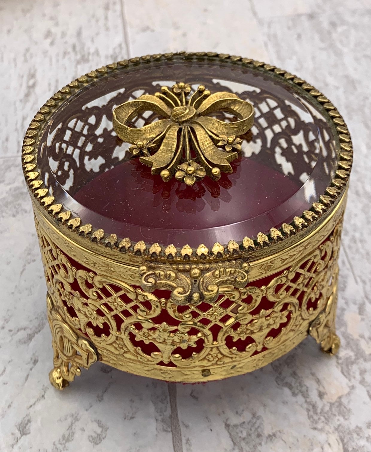 Vintage Jewelry Casket Gold ormolu filigree Round Trinket Box with