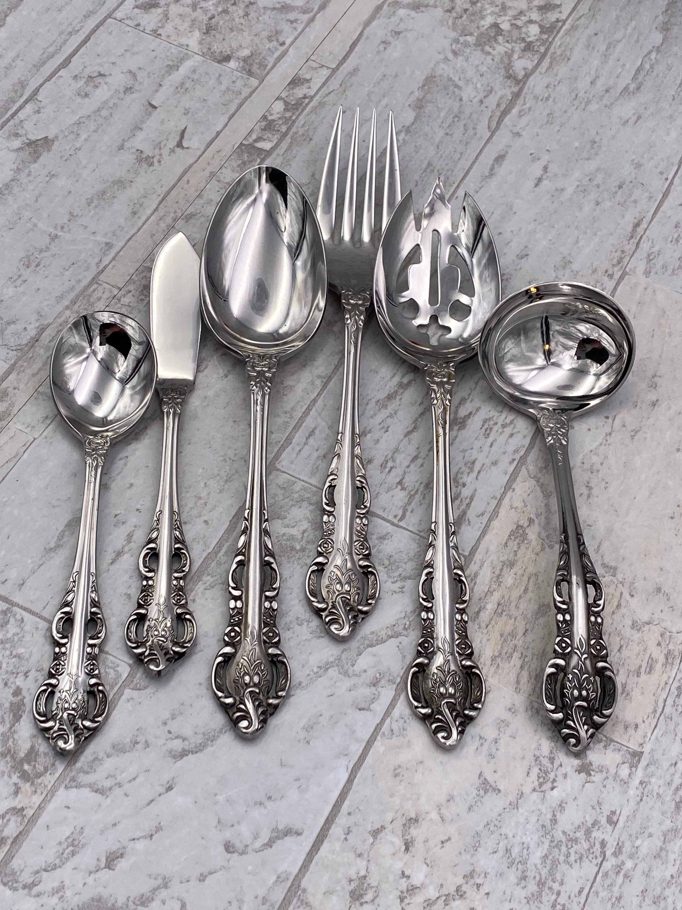 Vintage Stainless Flatware Set, Large Service for 12 Rose Pattern