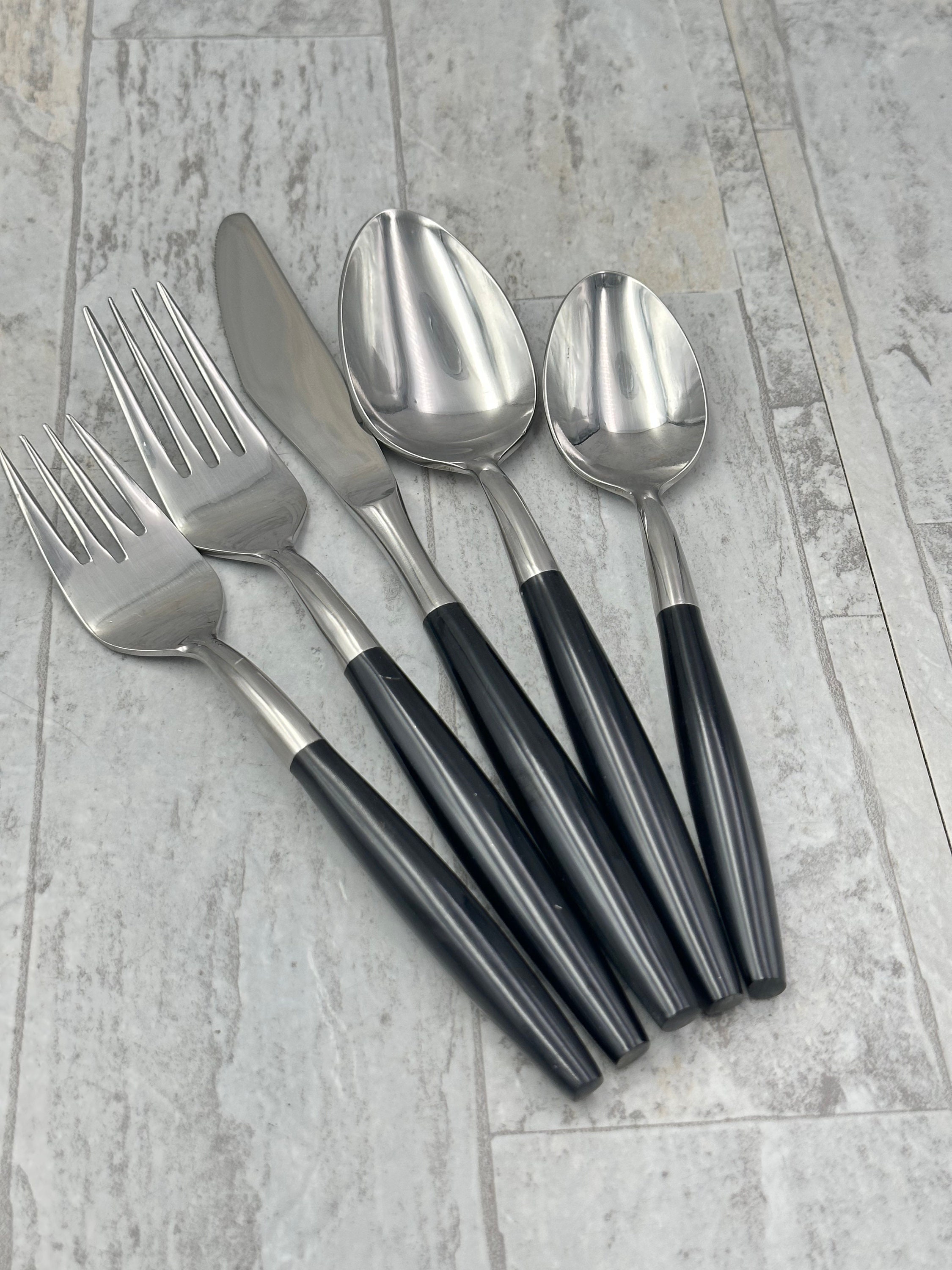 RARE Vintage Flatware Set, Forged Stainless With Black Handle, Service for 8,  Vintage Silverware Set, MOD Danish Modern 