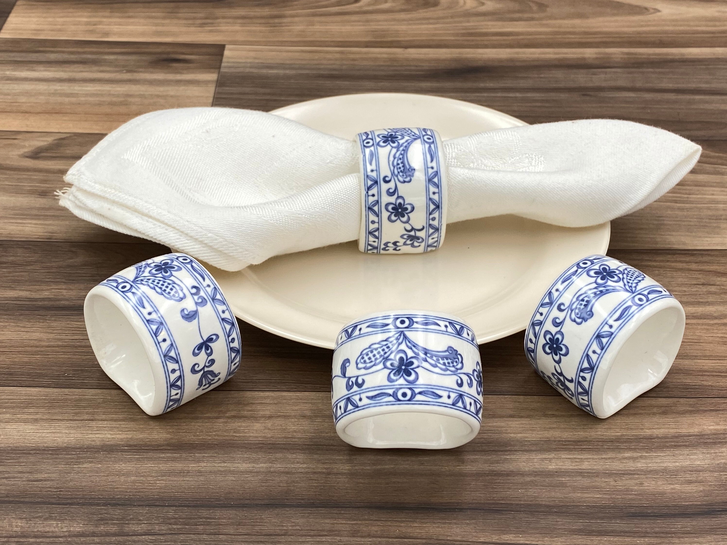 Blue Garden Ceramic Napkin Rings, Set of 4, Vintage Tableware, Baker