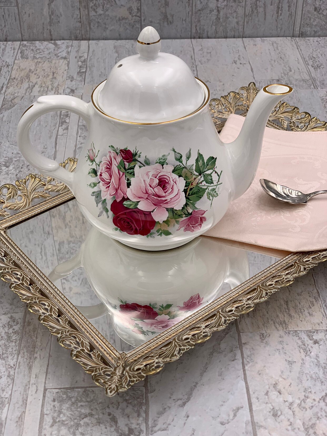 Vintage Rose Teapot, China teapot with Scripture, Pink Rose teapot, Tea party, Shabby Chic, gift