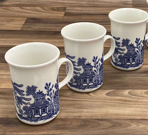 Vintage Blue Willow Mugs, Earthenware Blue and white coffee cups, Set of 4, Gift for her, Cottage Style