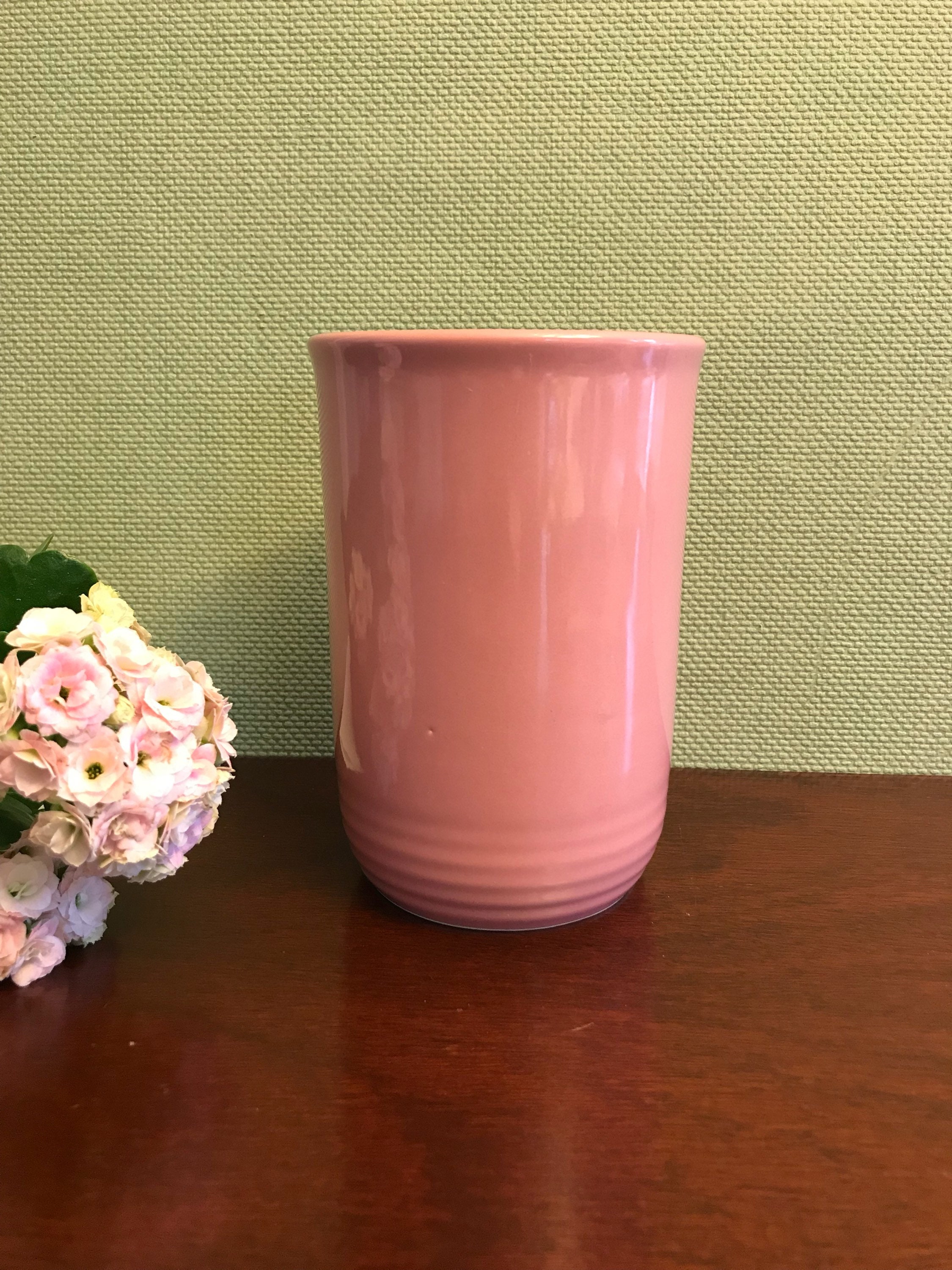 Kitchen Utensil Crock, Vintage Stoneware pot, Dusty rose pink Stoneware