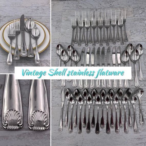 Vintage Stainless Flatware set Shell pattern Silverware set, Mint condition, new in box, service for 8, beach decor