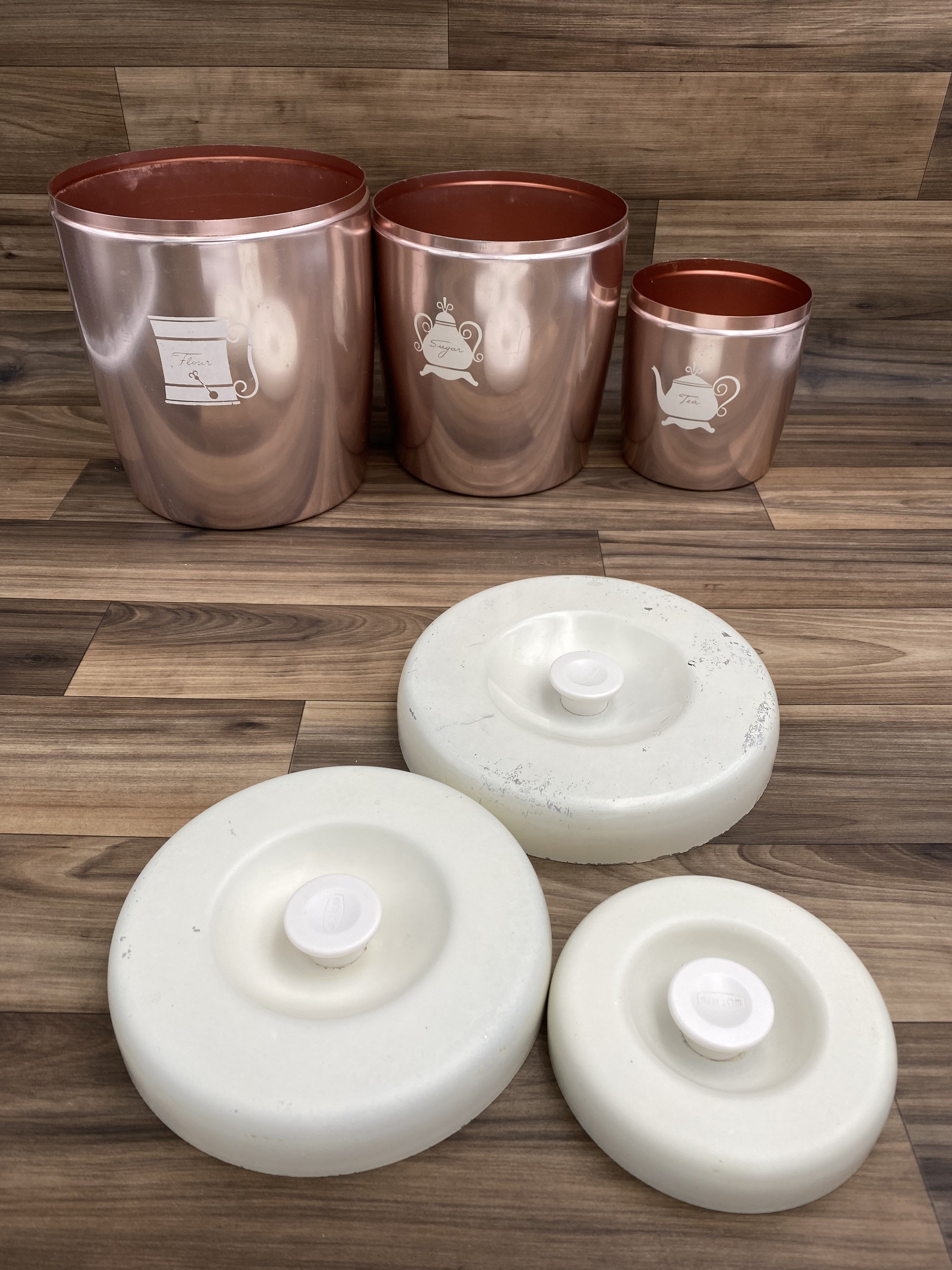 Vintage Tin Canister set, Rose copper Nesting Tin canisters, Kitschy