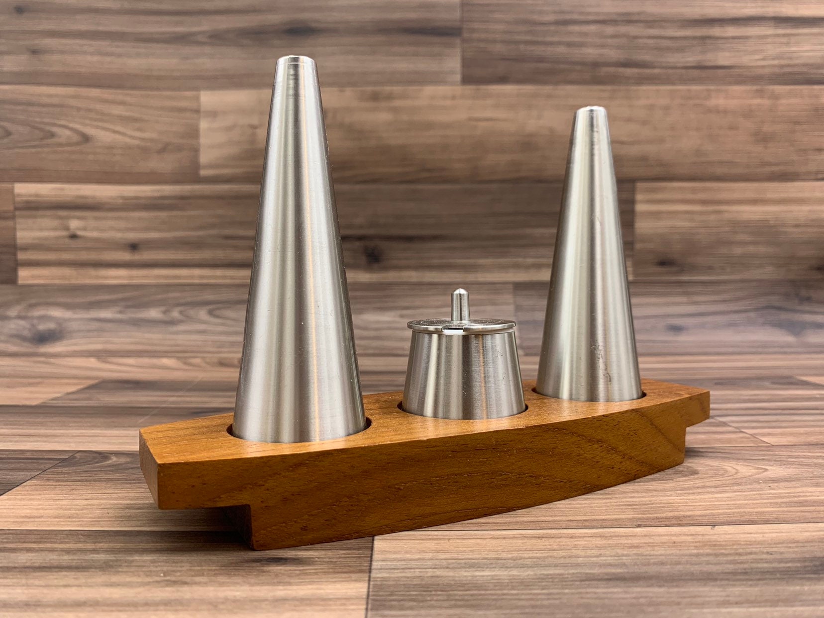 Danish Modern Condiment Set, Selangor Pewter Teak Tray Salt Pepper Shakers mustard pot
