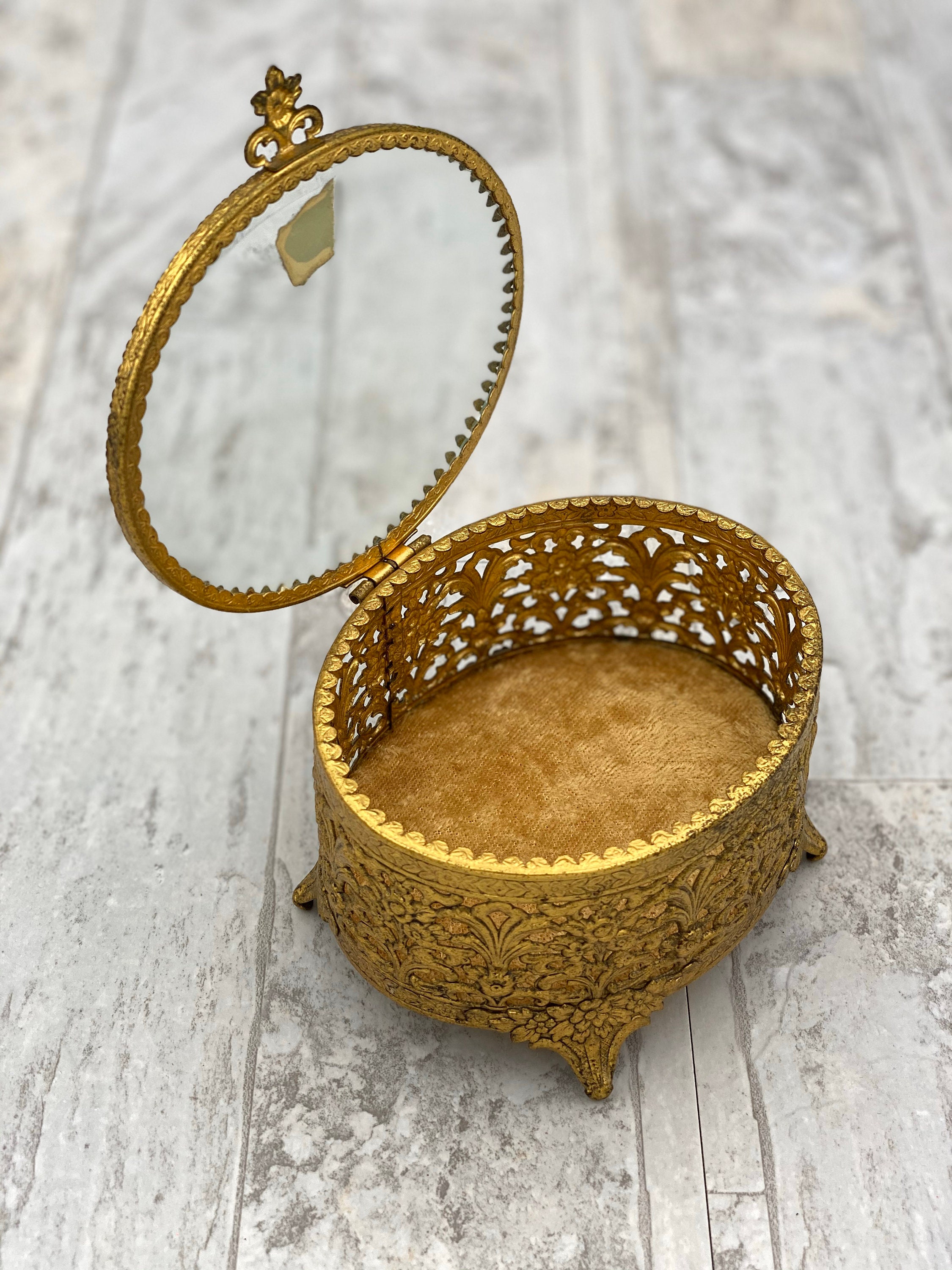 Vintage Jewelry Box, Gold Plated filigree Trinket Box, Glass Lid