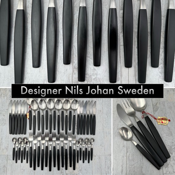 RARE Designer Flatware set by AB Nils Johan Sweden, service for 12, MCM silverware 1960s Vintage