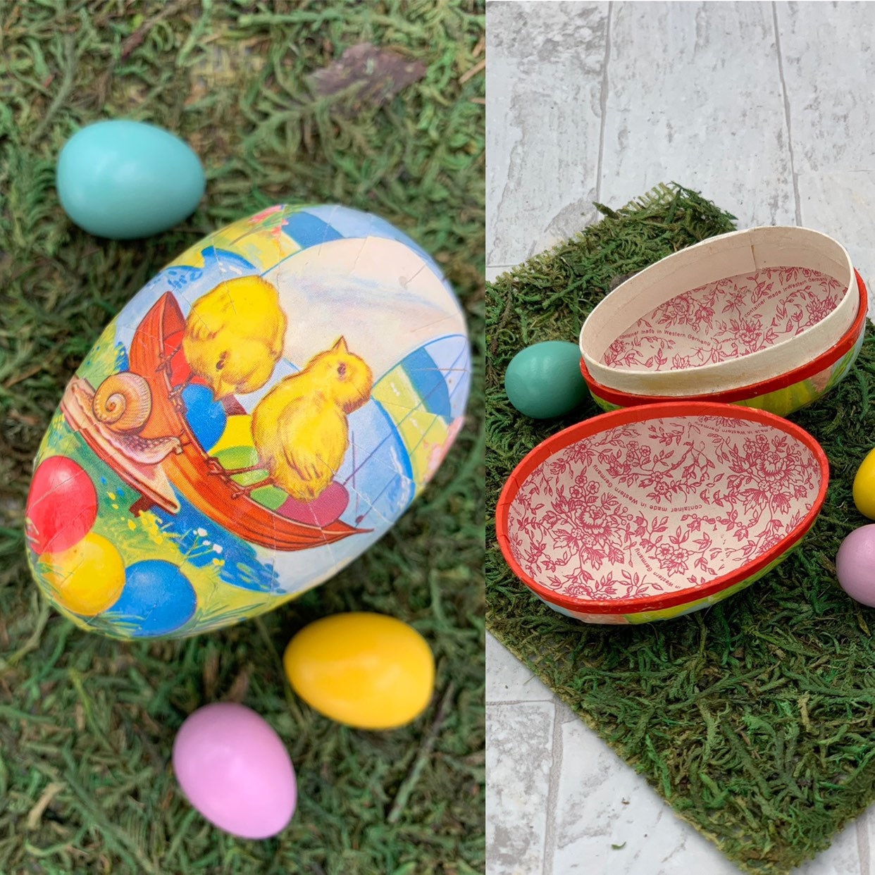 Vintage Paper Mache Easter Egg box, Chicks in a Boat Easter Candy