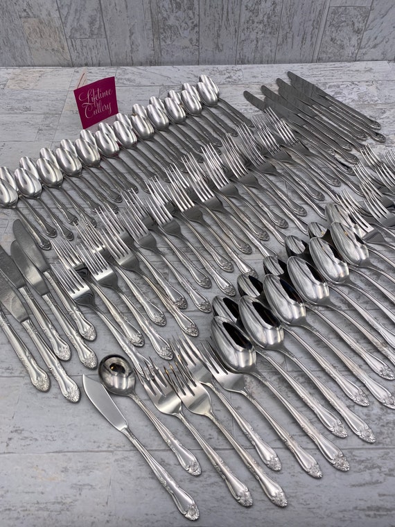 Vintage Stainless Flatware set Service for 12 Silverware set Lifetime Cutlery Golden Label Rose Excellent Condition