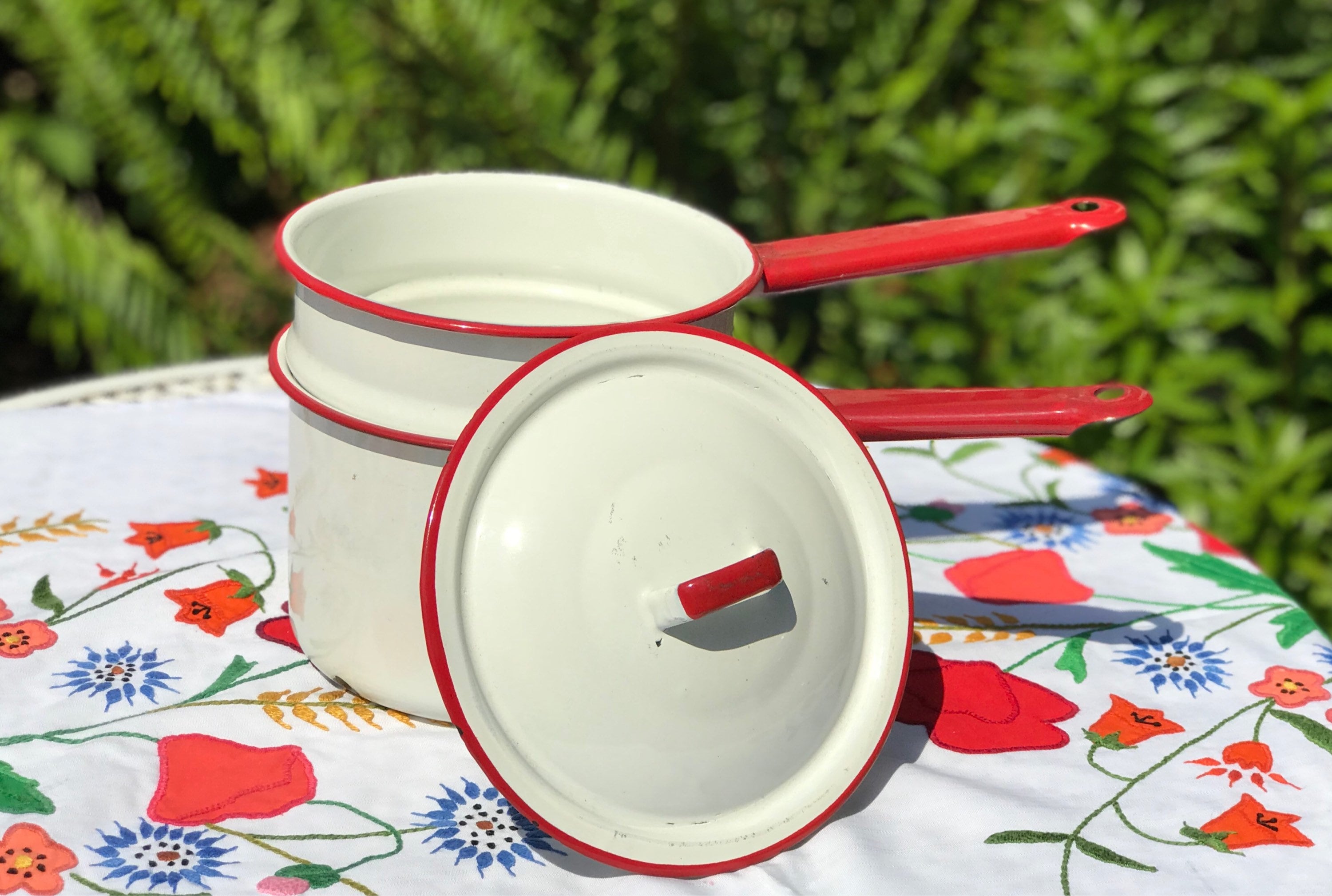 Vintage Red White Enamelware Pan, Enamel ware Double boiler, Enamel pan set,  rustic farmhouse, country kitchen, collectible enamelware, gift