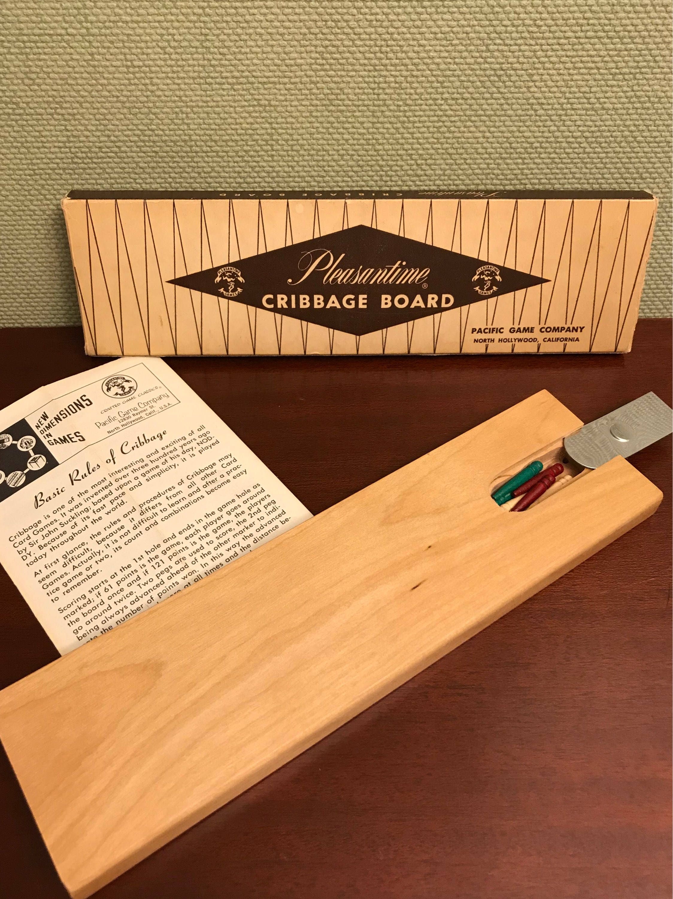 Vintage Cribbage Board, Wooden Cribbage board with 6 pegs. Pleasantime