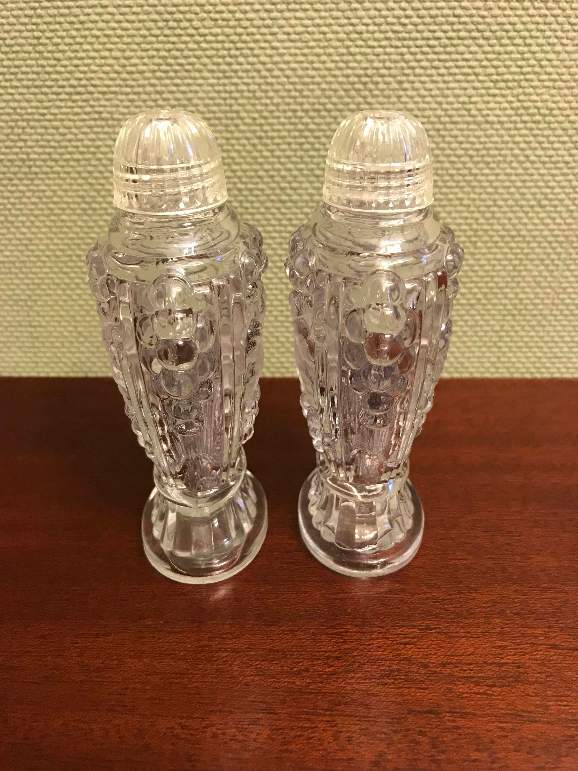 Vintage pressed Glass Salt and Pepper Shakers, frosted grape leaf