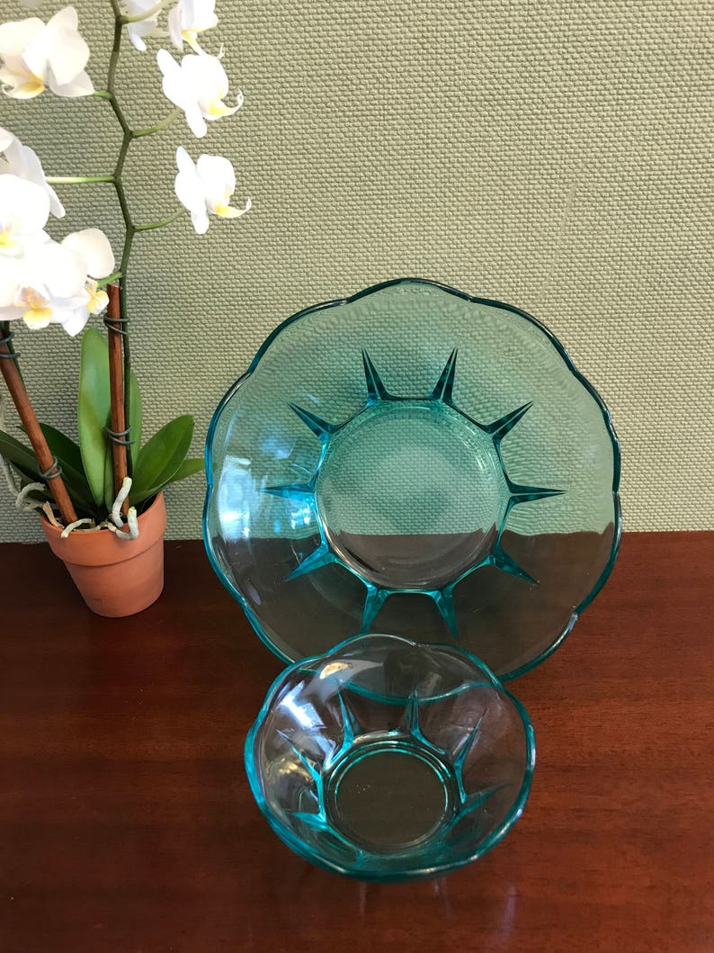 Anchor Hocking Swedish Modern serving bowl set party ware Collectible serving dishes gift for her turquoise Glass Vintage Chip Dip set