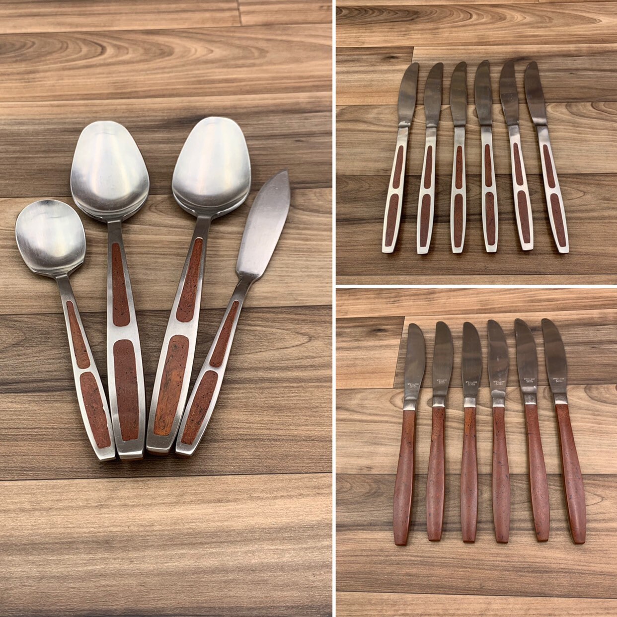 Vintage Flatware set with Brown Inset Handles, Stainless silverware set