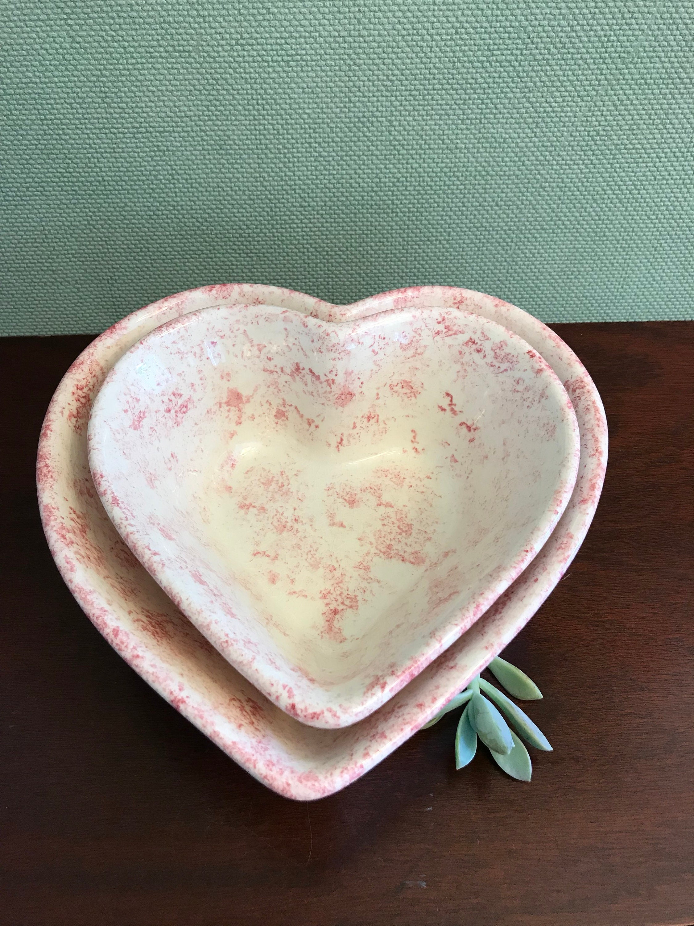 Heart shaped ceramic bowls, pink spongeware bowl set, nesting bowls