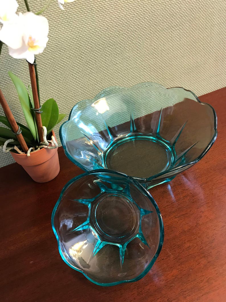 Anchor Hocking Swedish Modern serving bowl set party ware Collectible serving dishes gift for her turquoise Glass Vintage Chip Dip set