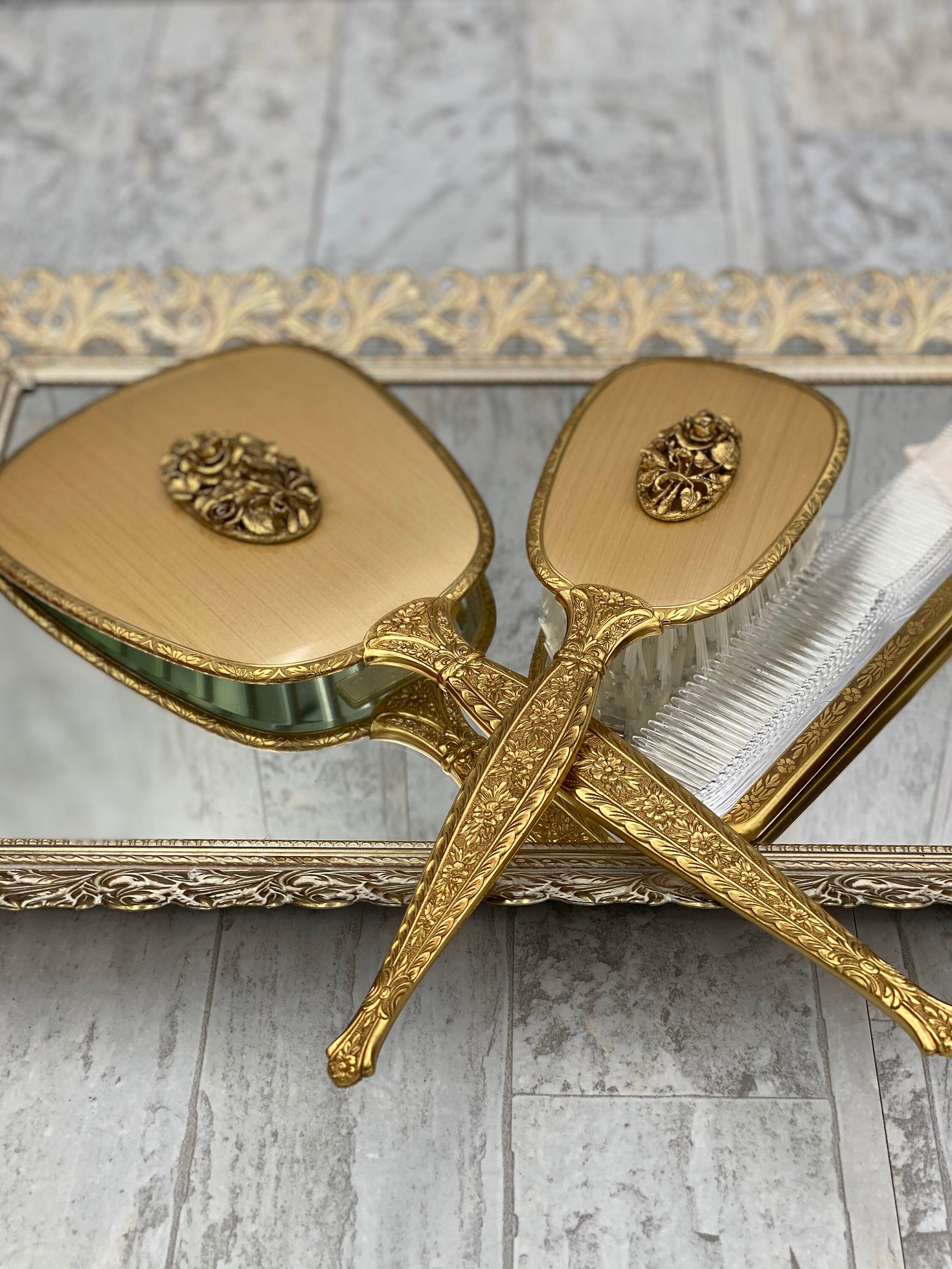 Vintage Gold Vantity Set 24ct Gold plated dresser set, Hand mirror