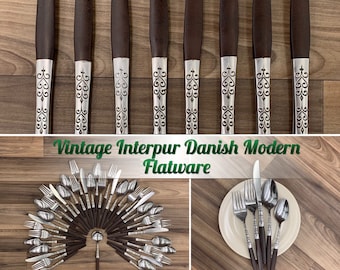 Danish Modern flatware Set, service for 8, Interpur flatware, Canoe Muffin design, embellished metal shaft, Faux Wood handle