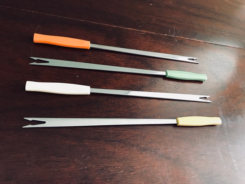2 prong fondue forks, Fondue Party Forks Set of 4 fondue forks Vintage Fondue Forks Retro Colored Plastic handles stainless steel fork