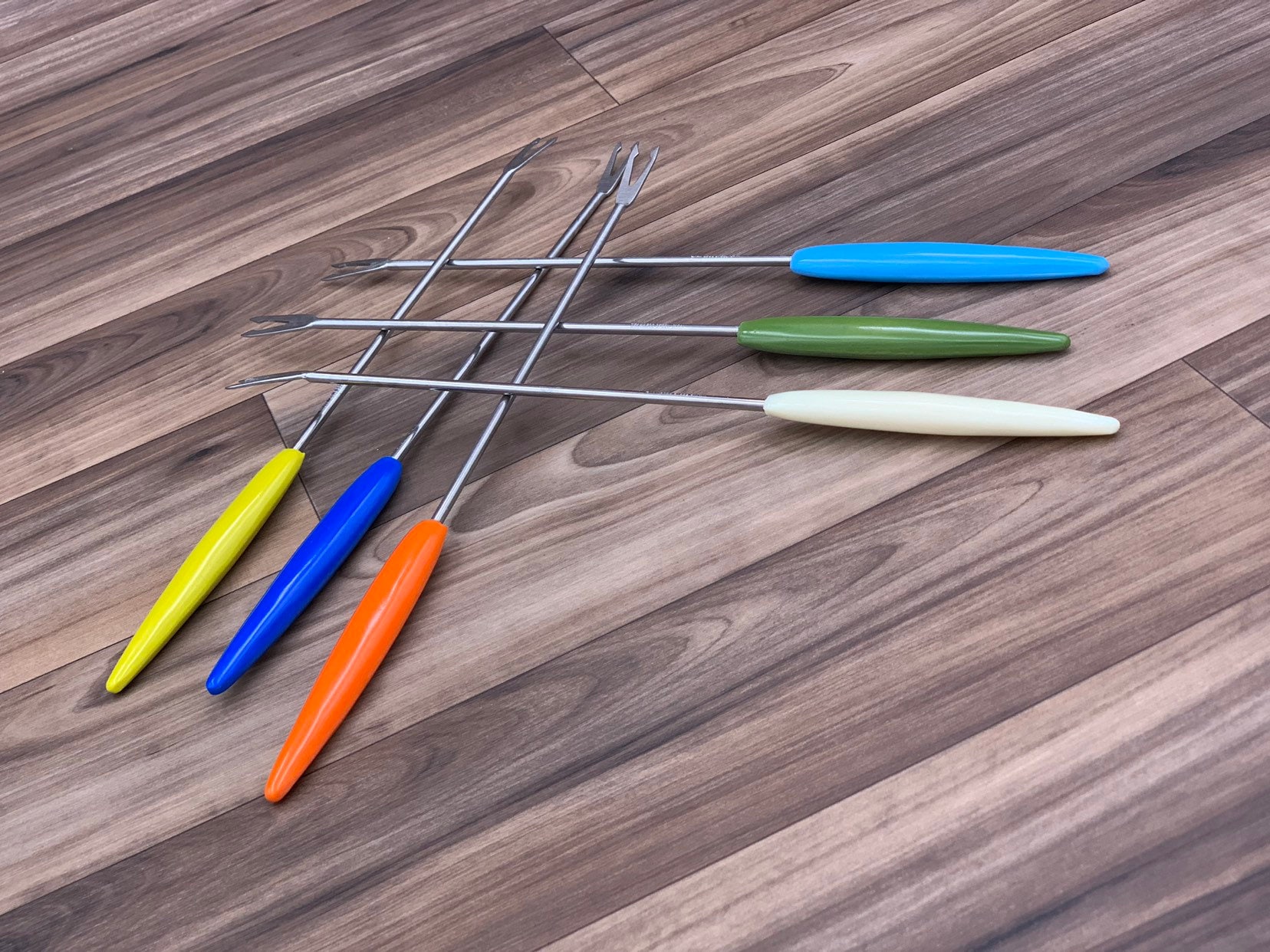 Vintage Fondue Forks, Retro Colored Plastic handles stainless steel