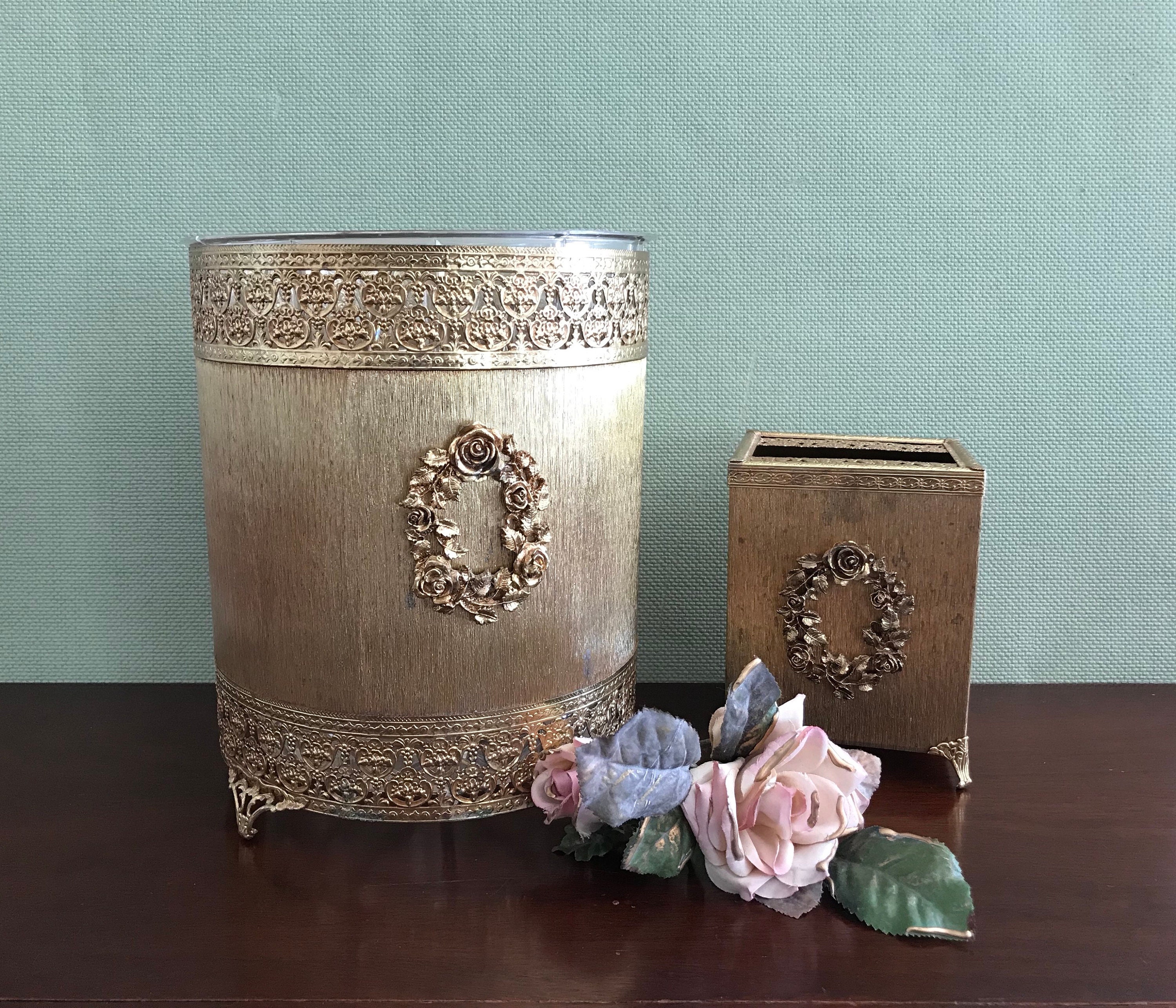Vintage Gold Bathroom set, Hollywood Regency, Bathroom waste basket and matching tissue cover