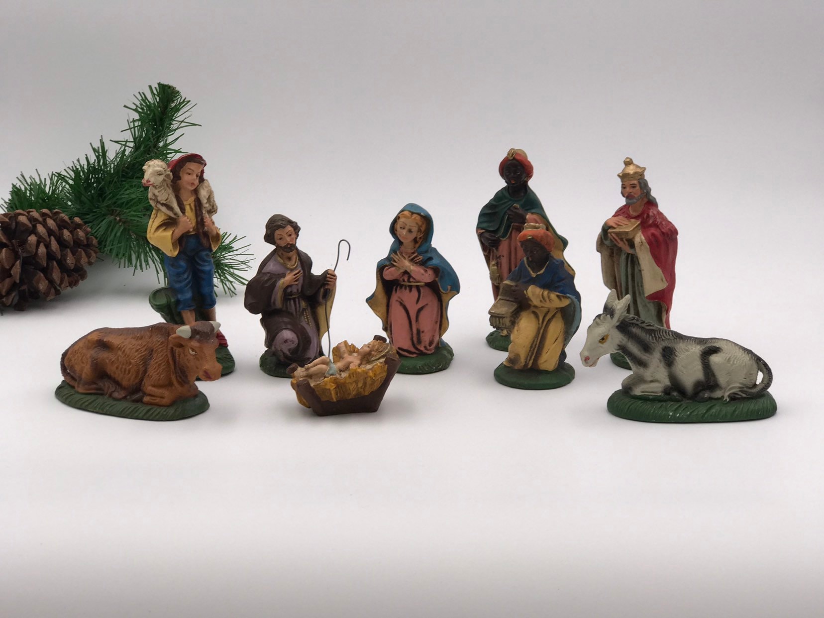 Vintage Nativity Set Mid Century Chalkware painted Figurines made in