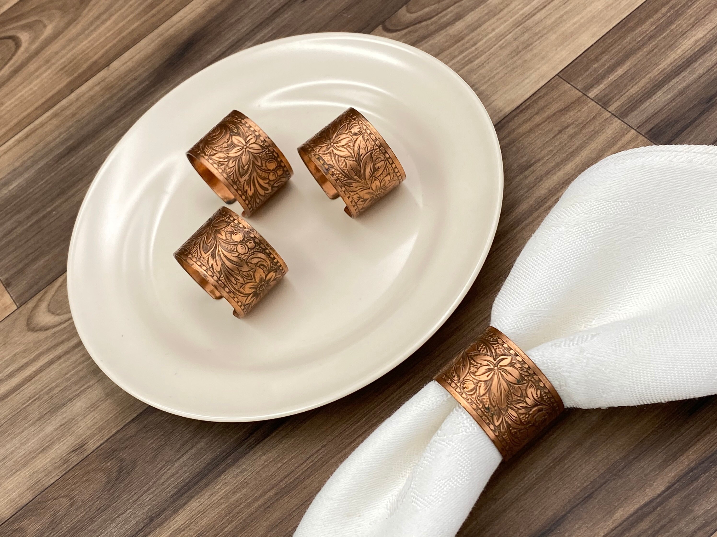 Vintage Copper Napkin Rings etched Floral design 4 piece set Dinner Napkin holders, Rustic Home