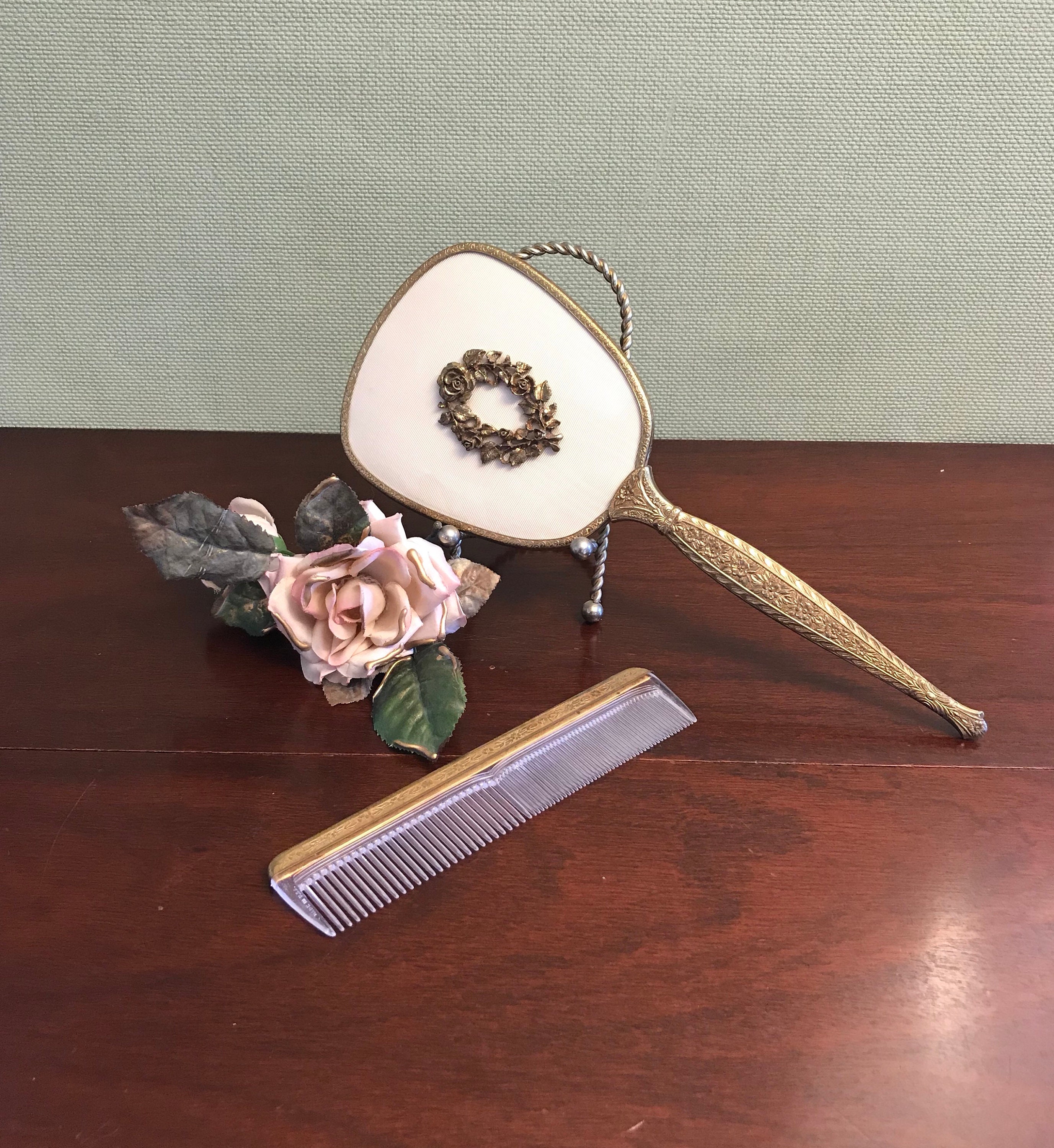 Vintage Matson Vantity Set, Matson Roses mirror, Gold