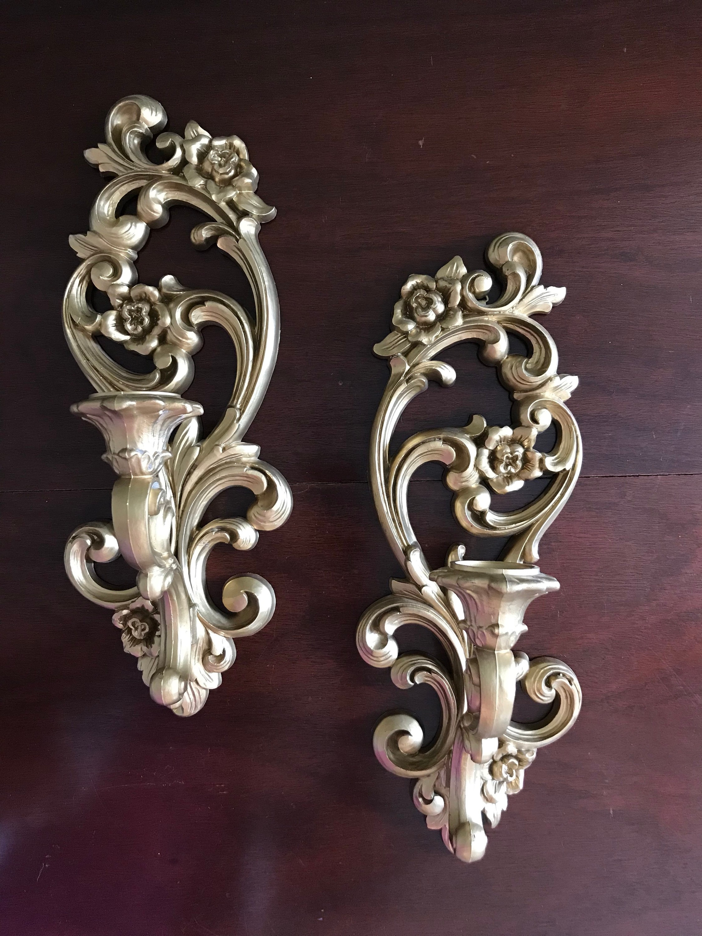 Pair Wall Sconces Candleholders Hollywood Regency Goldtone Metal main image 1