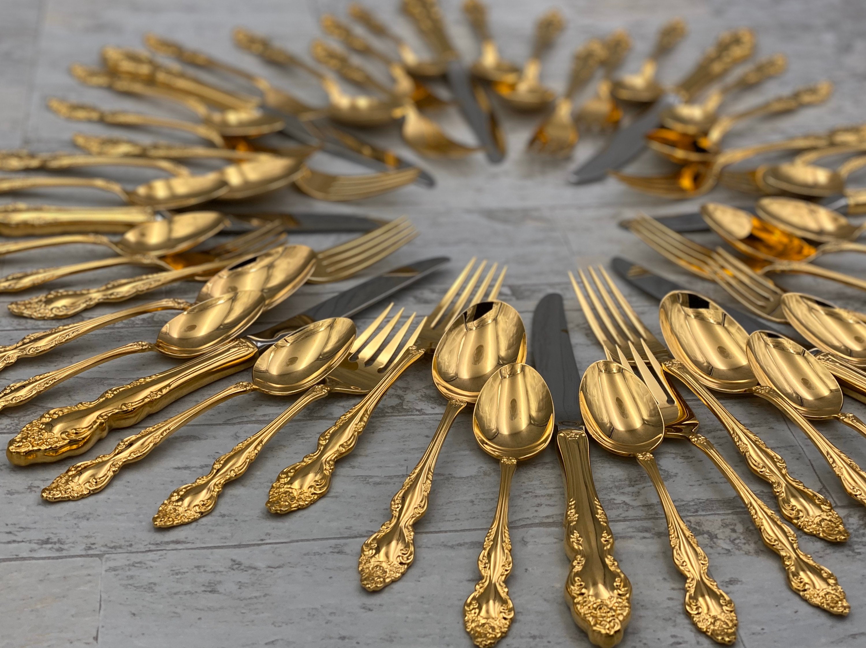 Vintage Gold Flatware set in Silverware chest, 1881 Rogers Golden