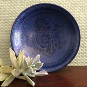 Mid Century Ceramic Blue bowl Signed by artist Willy Kagel Jr, West Germany Art Ceramics Rare wall art Blue Floral Folk Art ceramics