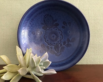 Mid Century Ceramic Blue bowl Signed by artist Willy Kagel Jr, West Germany Art Ceramics Rare wall art Blue Floral Folk Art ceramics