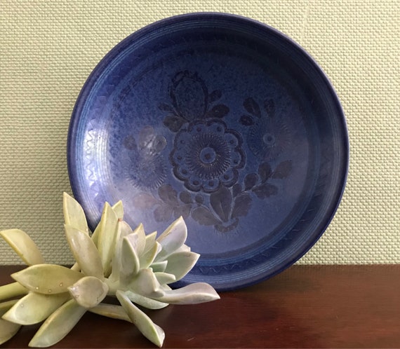 Mid Century Ceramic Blue bowl Signed by artist Willy Kagel Jr, West Germany Art Ceramics Rare wall art Blue Floral Folk Art ceramics