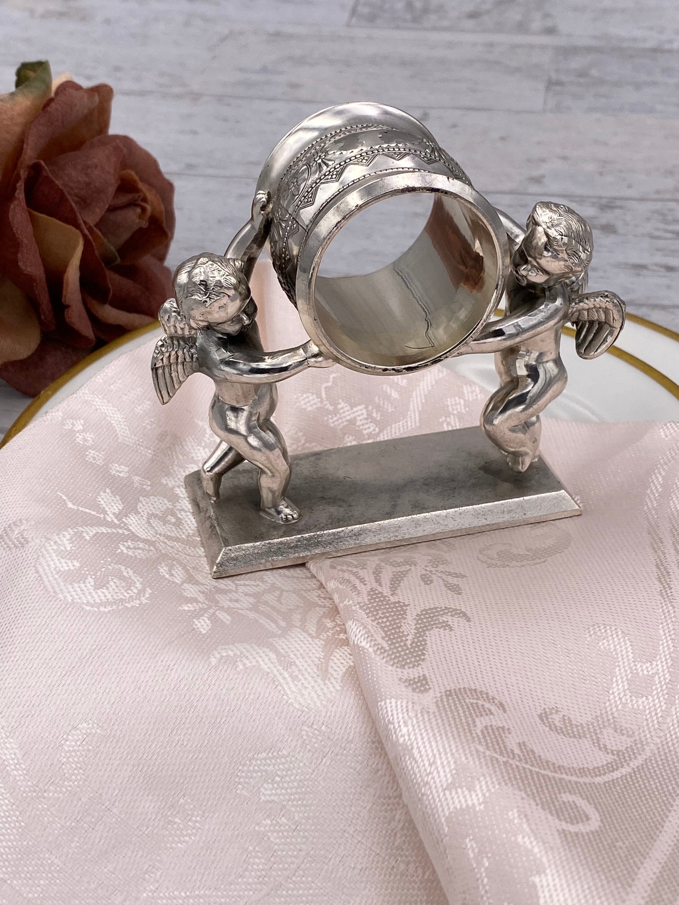 Figural Napkin Ring, 1970s reproduction Meriden Brittania Double Cherub Napkin holder, Victorian