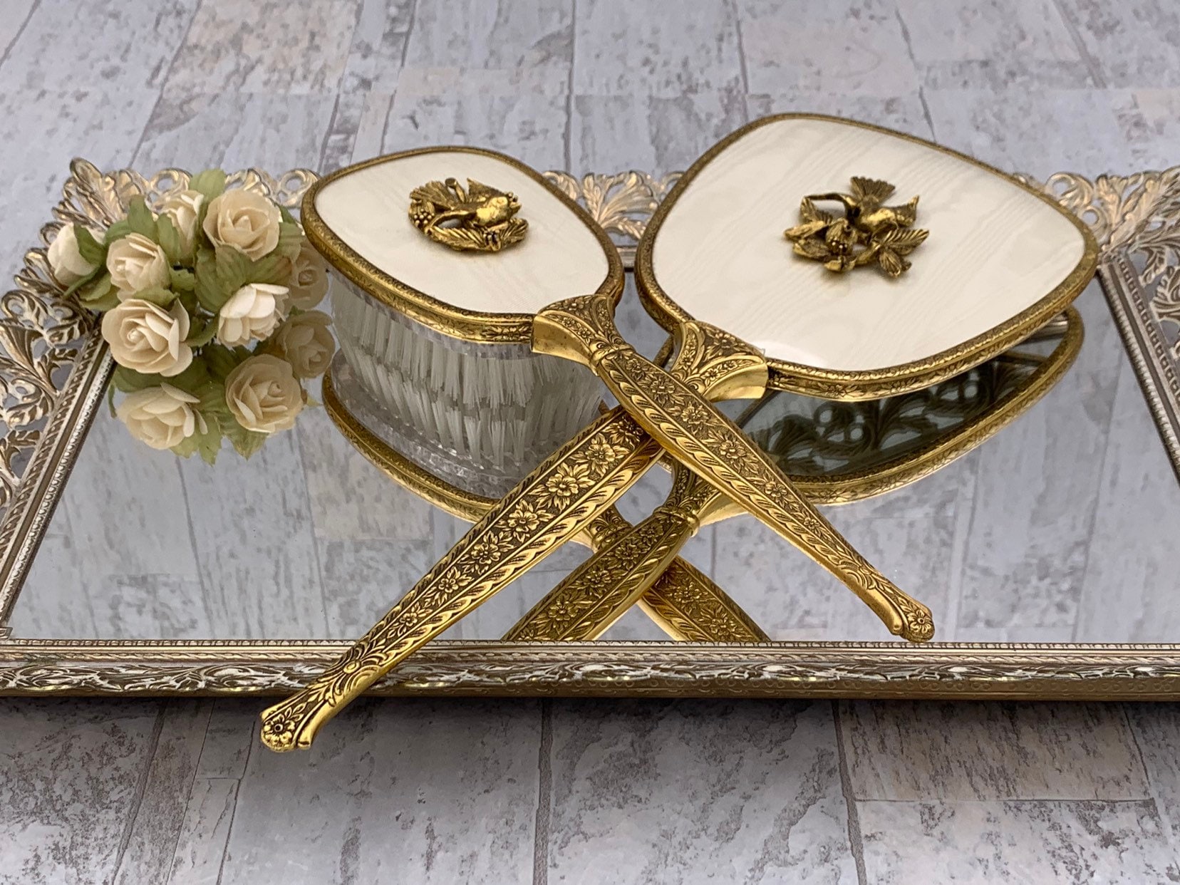 Vintage Gold Vantity Set 24ct Gold plated dresser set, Hand mirror