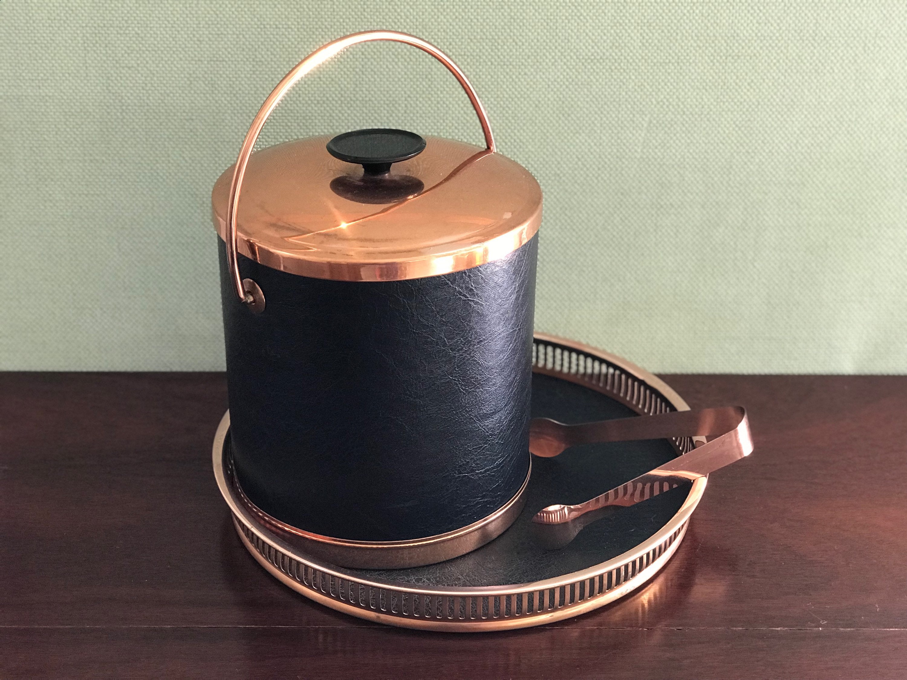 MCM Ice Bucket Black Leatherette Copper Ice Bucket Set Copper tray Mid