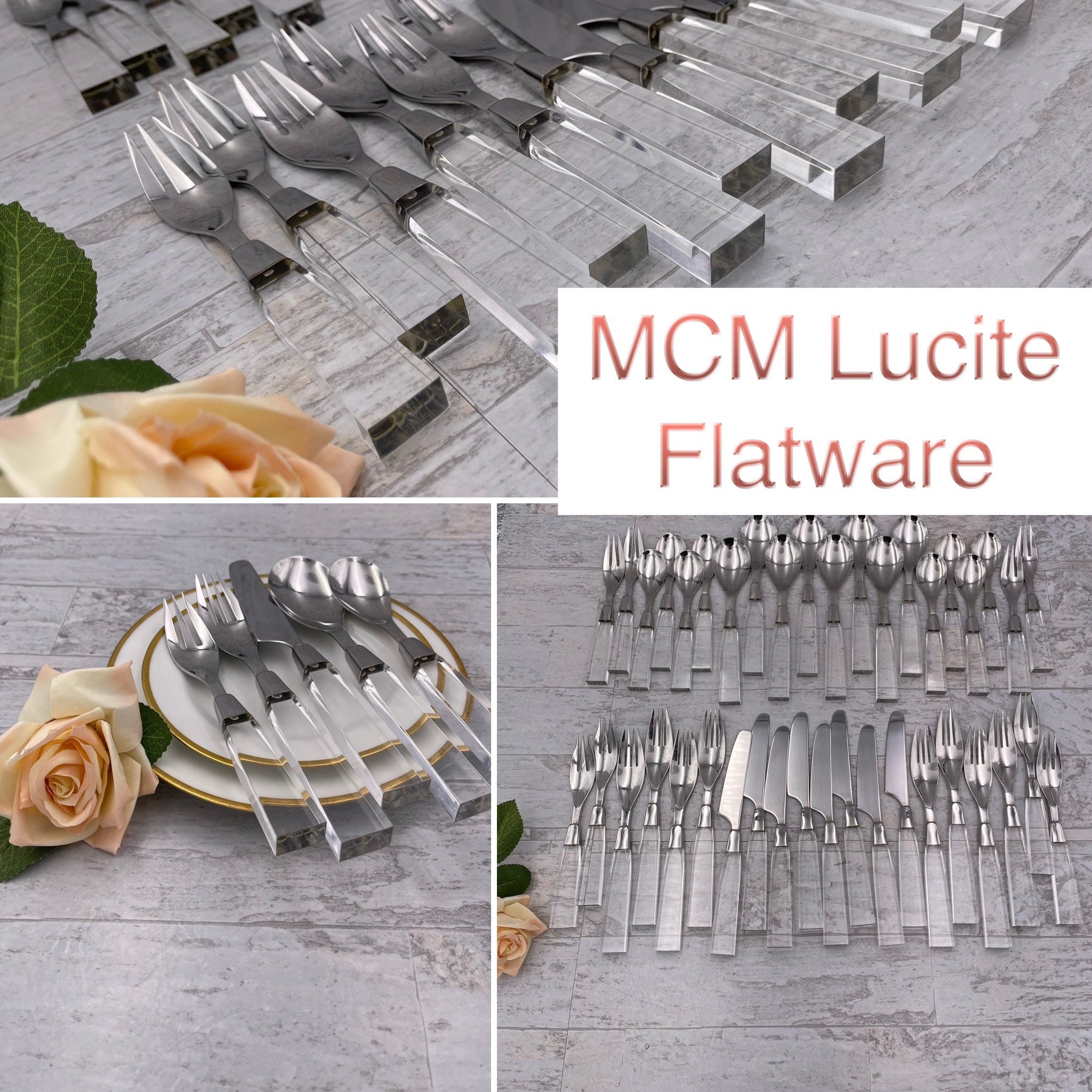 MCM LUCITE Flatware set, complete Service for 8, Designer Silverware by