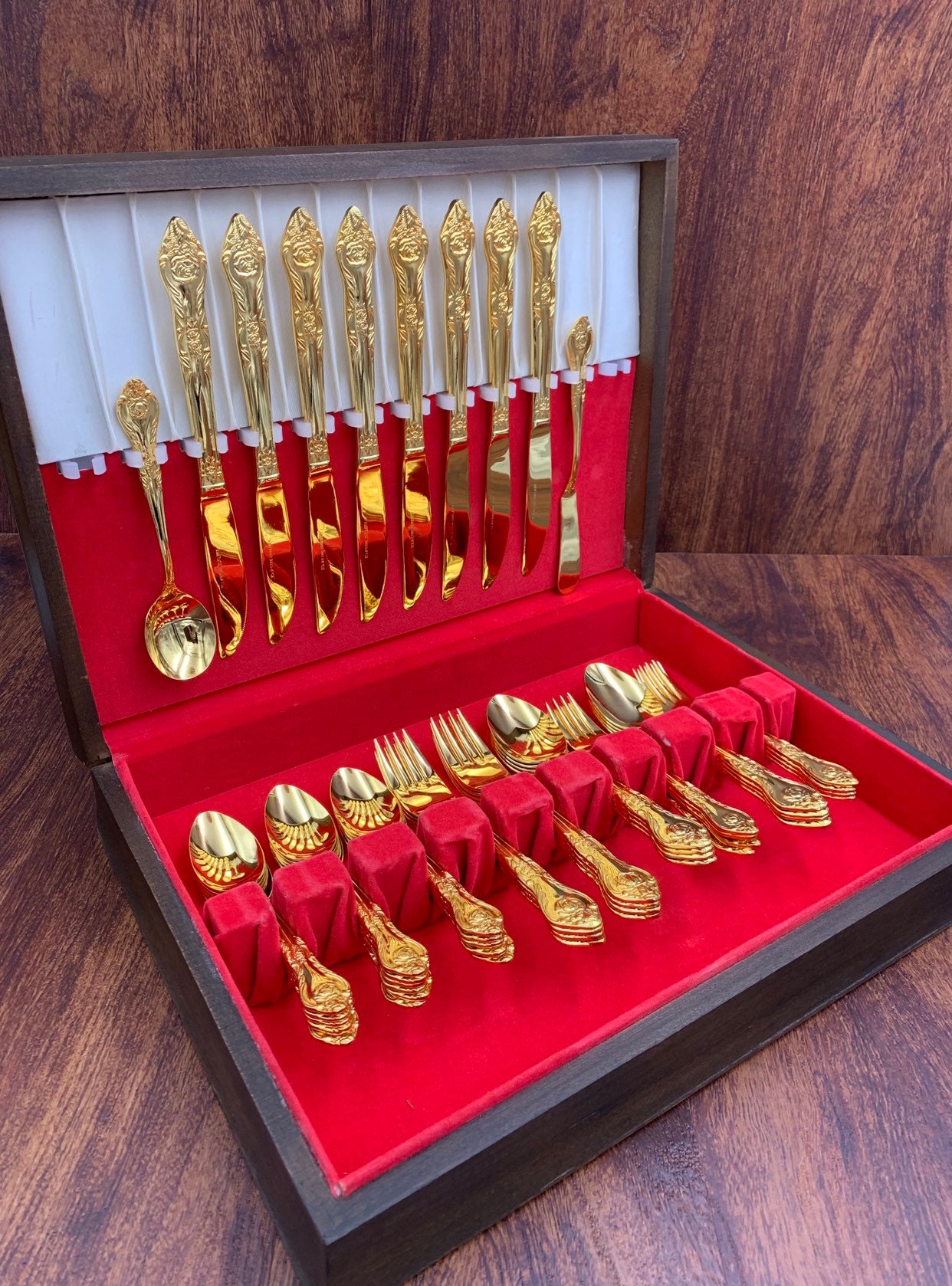 Gold Flatware set with silverware chest, service for 8 with serving