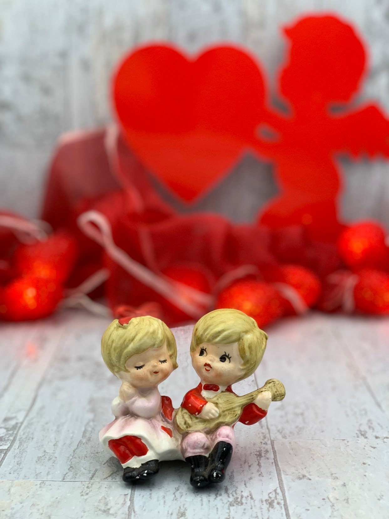 Vintage Valentine figurines, Boy Serenading a girl, Ceramic Valentine