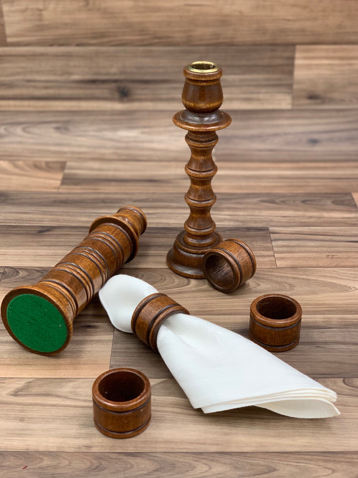 Vintage Wood Candlesticks with matching Wood Napkins rings, Rustic Home