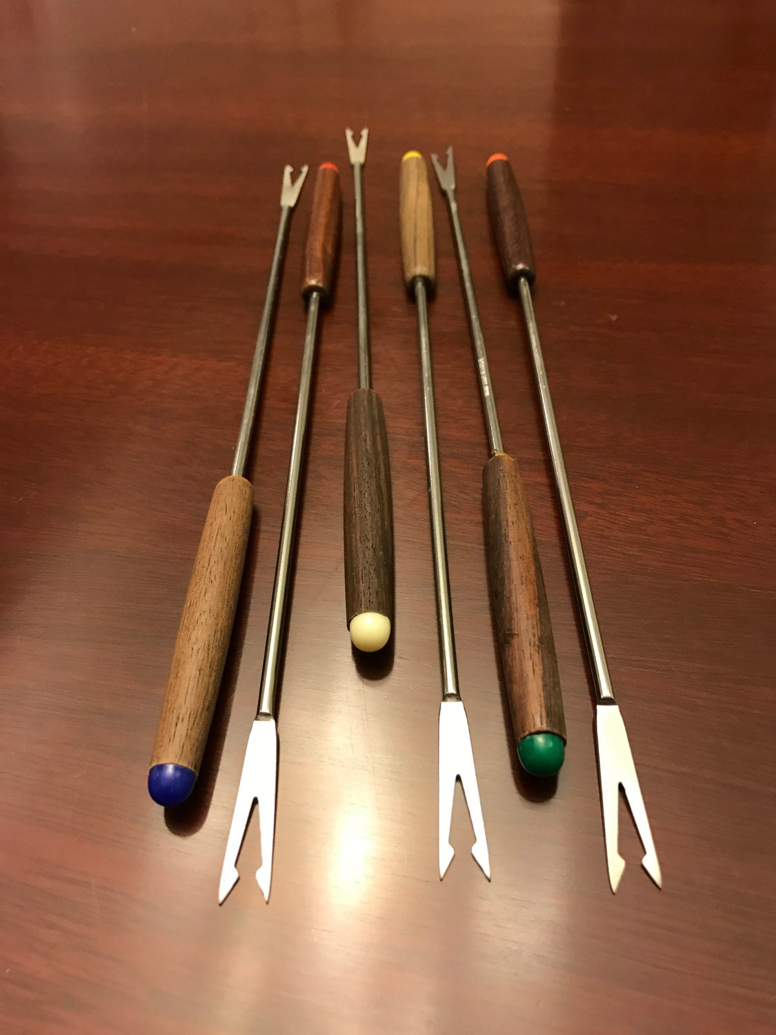 Oster Fondue Forks, Teakwood and stainless steel with Color Dots