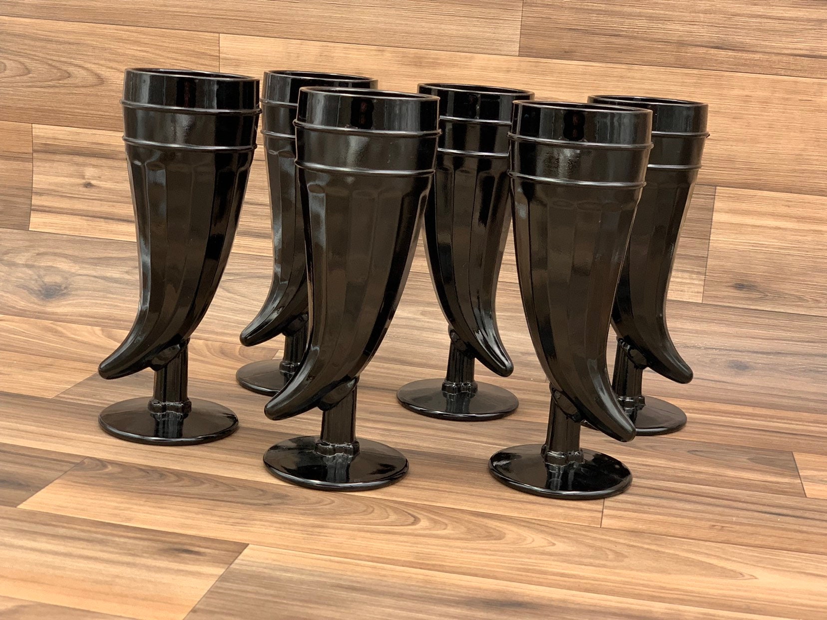 Vintage Powder Horn Glasses, Black Glass Horn Shaped by Tiara, Set Of 6