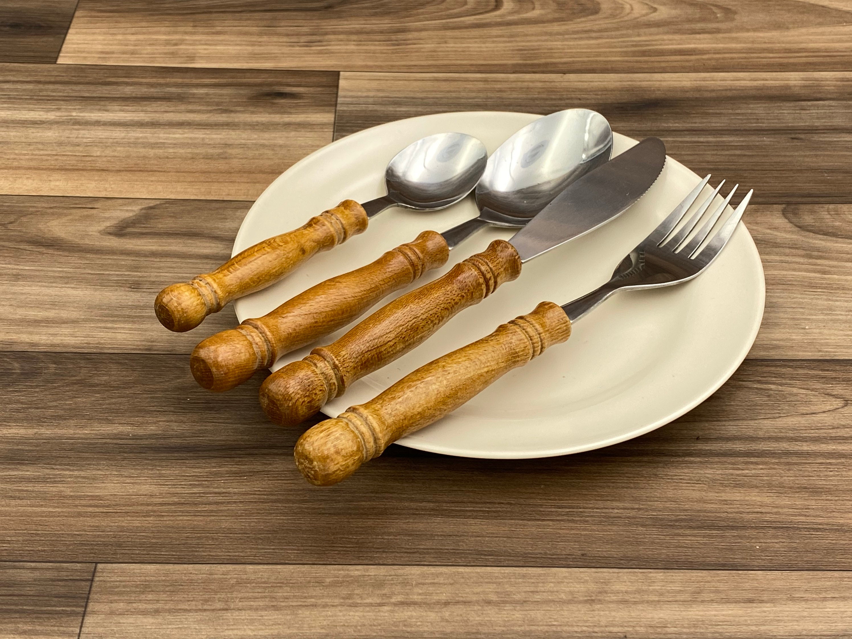 Vintage Wood Handled Flatware set, service for 12, Colonial Style