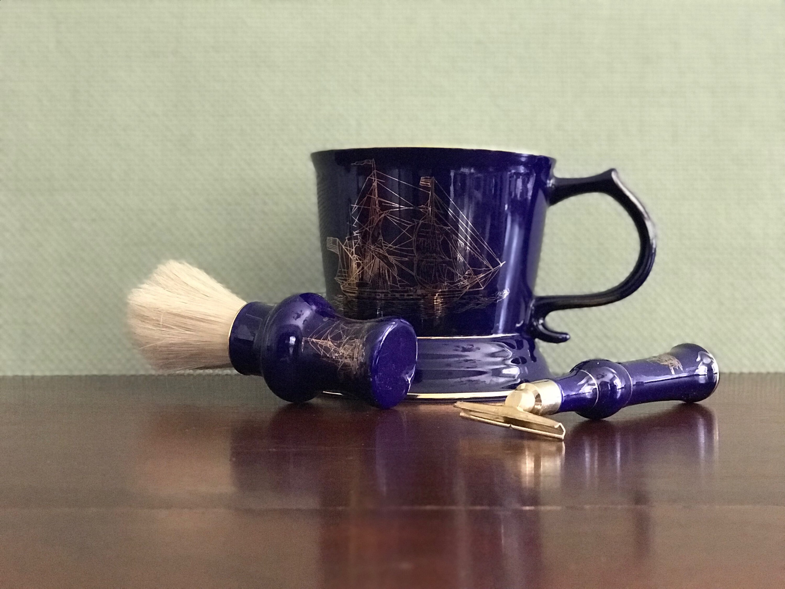 Vintage Blue Shaving Mug, Ceramic Shaving Mug with Ship, shaving brush