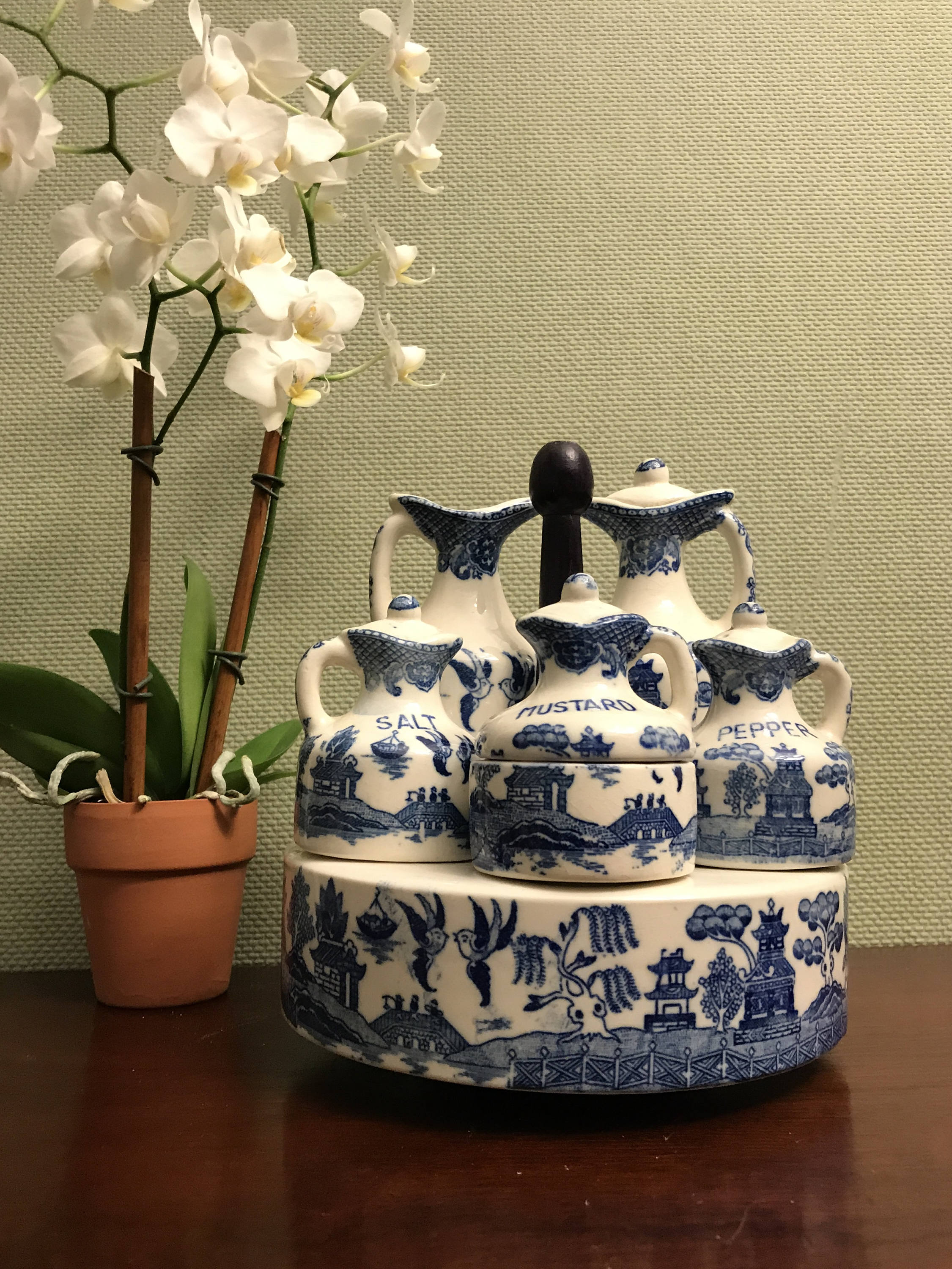 Rare Blue Willow Condiment set, Vintage Blue Willow revolving Condiment