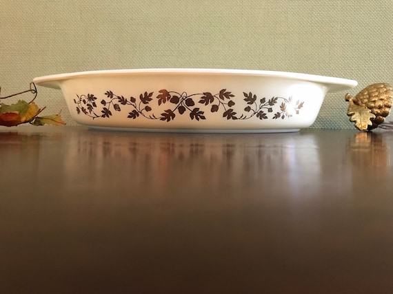 Vintage Pyrex Casserole Dish, Promotional Golden Acorn pattern, Divided Serving bowl, collectible Gift for her