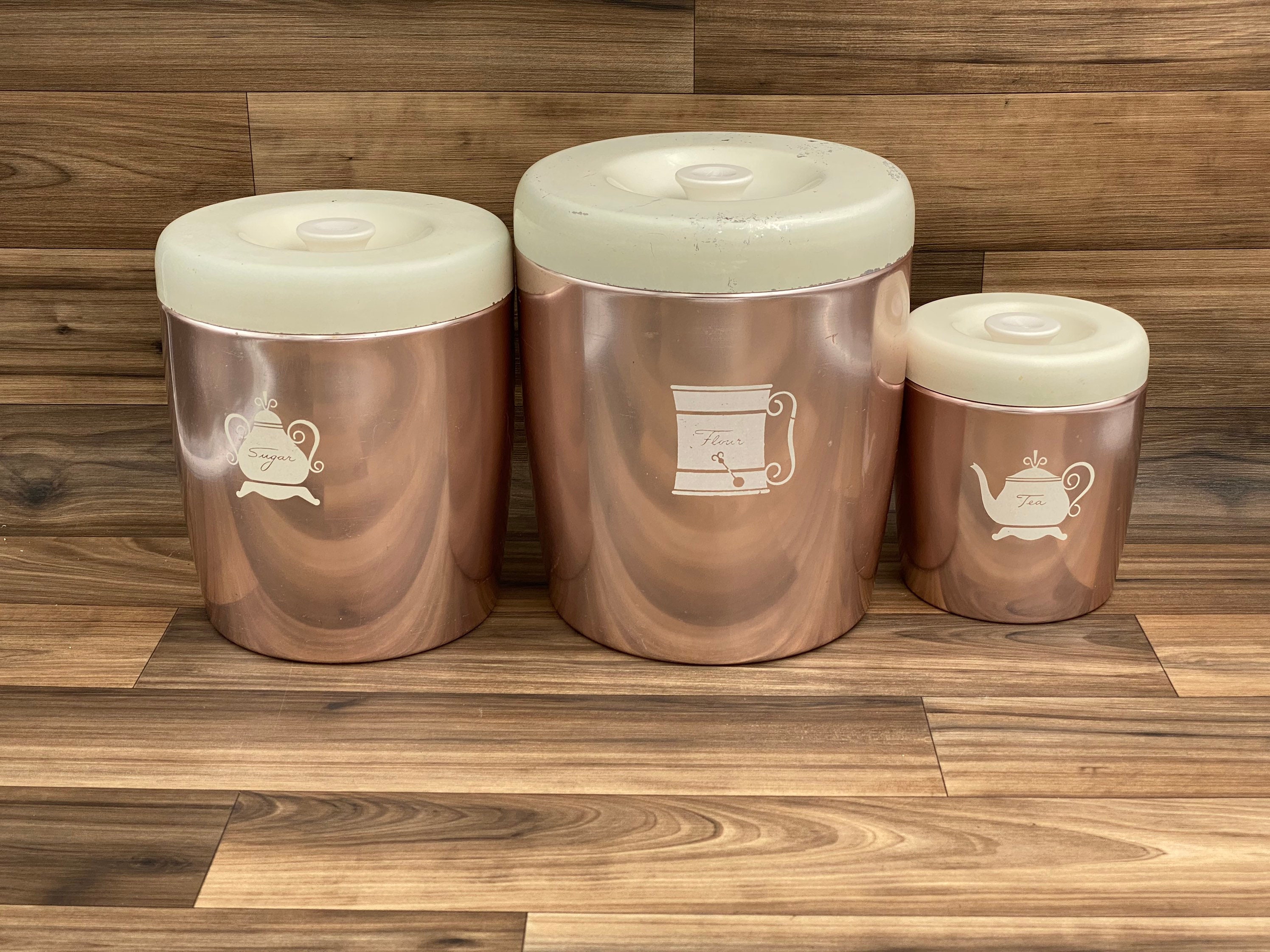 Vintage Tin Canister set, Rose copper Nesting Tin canisters, Kitschy